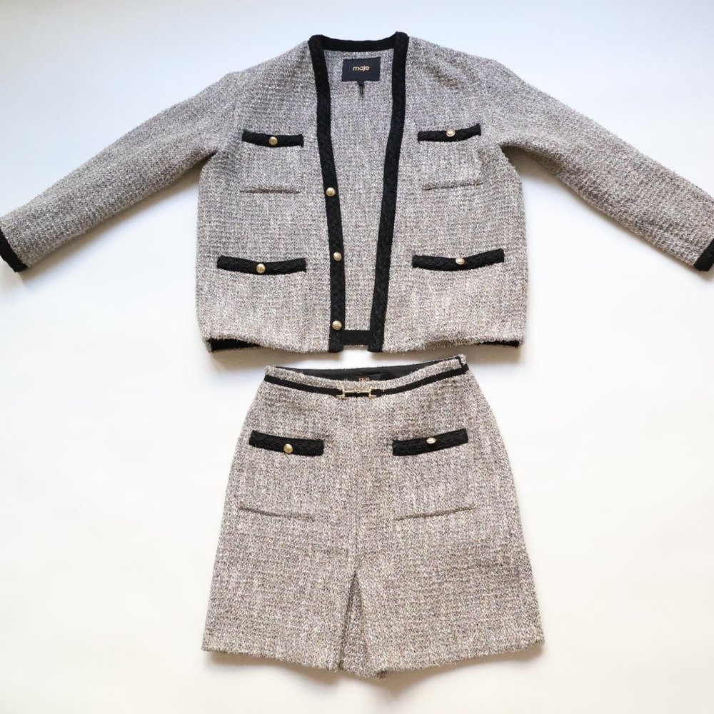 Maje Grey Tweed Two Piece Skirt Suit Set - Size S